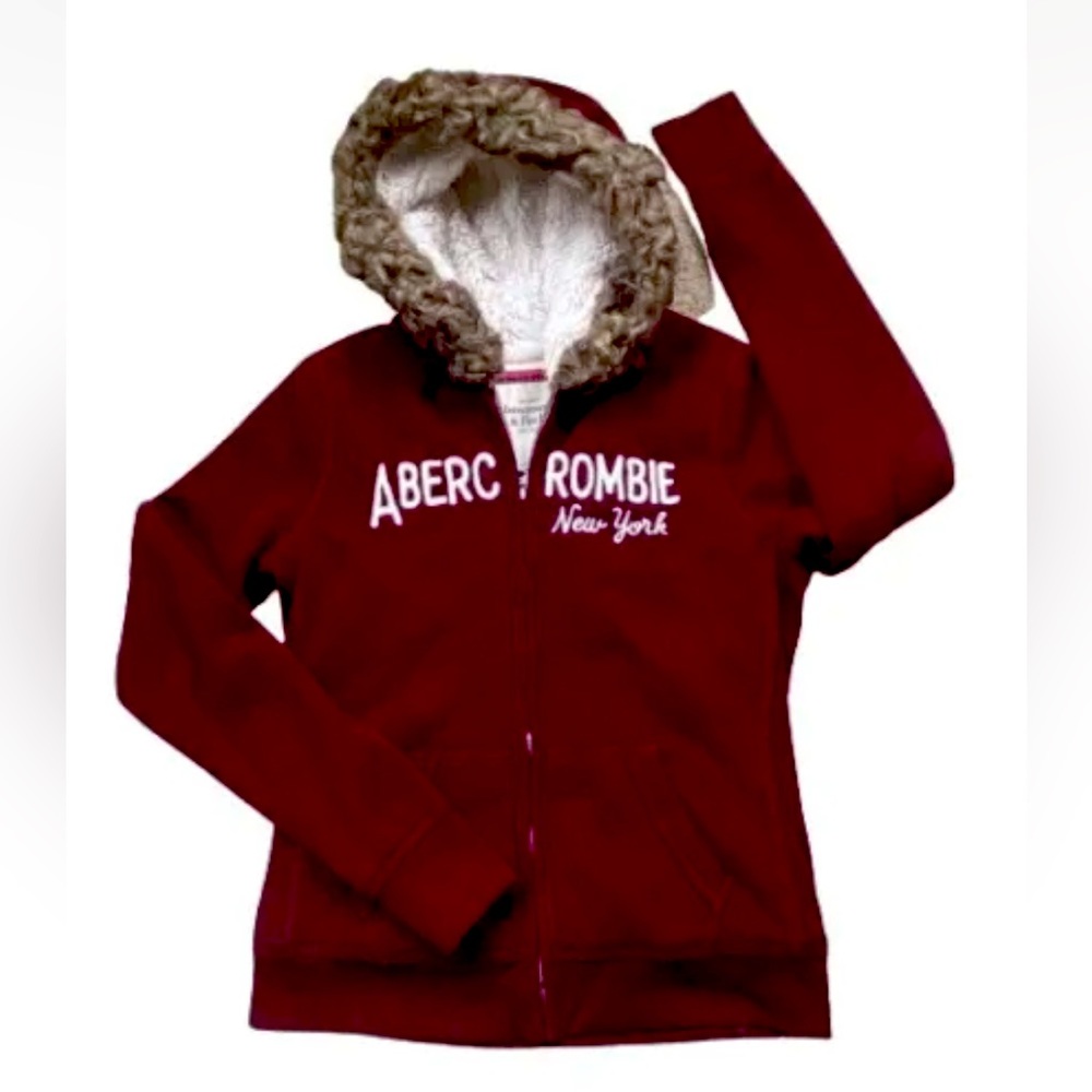 Abercrombie & Fitch Sherpa Full Zip Hoodie Juniors Size Large Maroon
